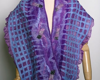 nun felted, scarf, wrap, merino wool, silk, purple, blue, open window design, art scarf, worn many ways,