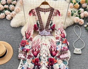 Magnifique Robe en mousseline de soie à fleurs, à volants en cascade, col en V profond, manches longues, imprimé Floral, style Boho