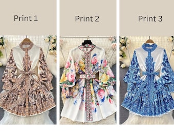 Spring Women Clothing Dresses Runway Fashion Paisley Print Vintage Dresses Long Lantern Sleeve Belted Mini Dress