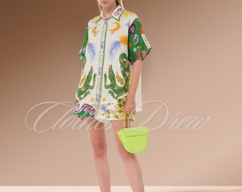 Summer Print Two Piece Sets for Women  Beach Holiday Casual Loose Lady Suits Short Sleeve Shirts Elastic Waist Shorts Sets