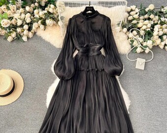 French Luxury Folds Wedding Formal Occasion Dresses For Women's Stand Puff Sleeve Chic A-Line Pleated Shine Robe Clothes Holiday