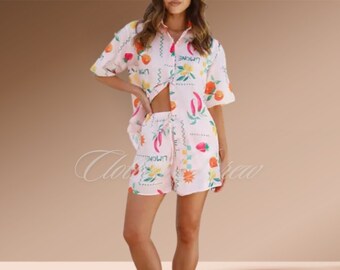 Women 2 Pieces Short Sets Summer Fruits Vegetable Prints Lapel Buttons Short Sleeve Tops +Shorts Pajamas Casual Comfy Loungewear