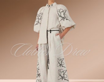 Women Sets Cotton Linen Stand Collar Lantern Sleeve Loose Flower Tops Wide Leg Oversize Pants Party Holiday Clothes,Two Piece Set