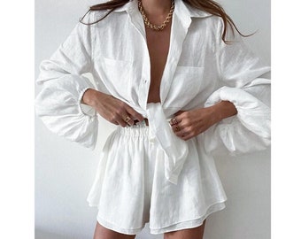 Summer Cotton Ruffle Shorts Sets Women 2 Pieces Lantern Sleeve White Tops Loose Elastic Waist Shorts Suits Vacation