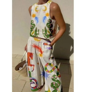 New Sleeveless Tank Top And Pants Two Piece Set Fashion Casual Cotton Vacation Printed Suit Chic Holiday Beach