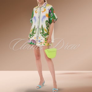 Summer Print Two Piece Sets for Women  Beach Holiday Casual Loose Lady Suits Short Sleeve Shirts Elastic Waist Shorts Sets