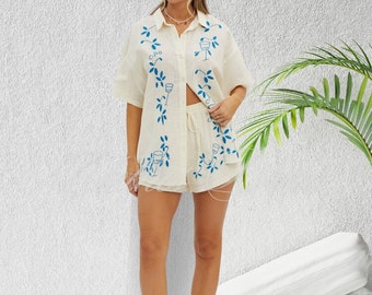 Printed Women's suits with shorts Loose Short Sleeve Turndown One breasted Blouses Summer Fashion Casual Two Piece Set