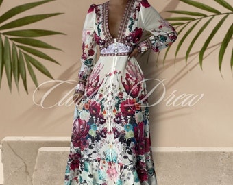 Gorgeous Flower Chiffon Cascading Ruffles Dress Women Deep V Neck Long Sleeve Floral Print Boho Robe Vestido