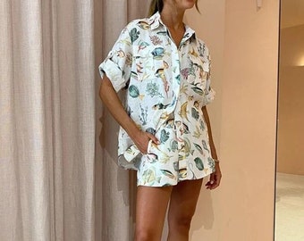 Fashion Fish Print Short Suits Turn-Down Collar Botton Loose Top+Drawstring Short Pant 2 Piece Sets Summer Beach Women Outfit