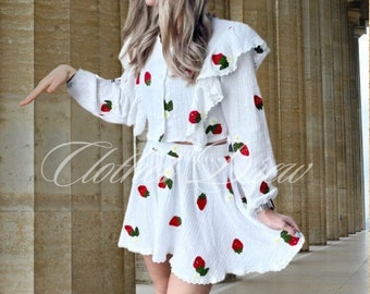Sweet Princess Fashion Ruffle Edge Printed Short Skirt For Spring And Autumn Seasons Casual Printing Set