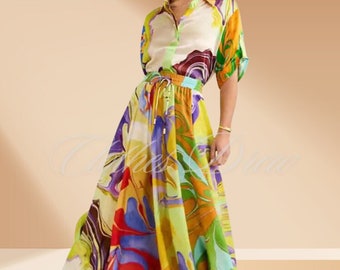 2 Piece Women Skirt Sets New Summer Autumn Printed Fashion Shirts Blouse Tops And Long Skirts Matching Set Two Piece Suit