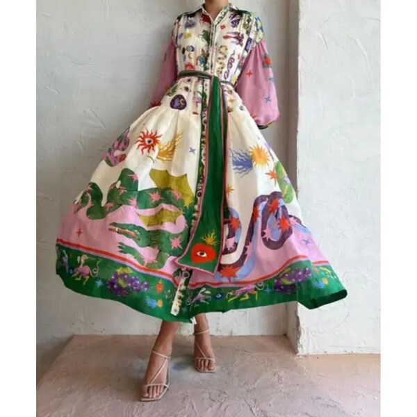 Printed Vintage Long Dress Princess Sleeves Lace-up Big Hem Loose Dress  Casual Fashion Women Elegant
