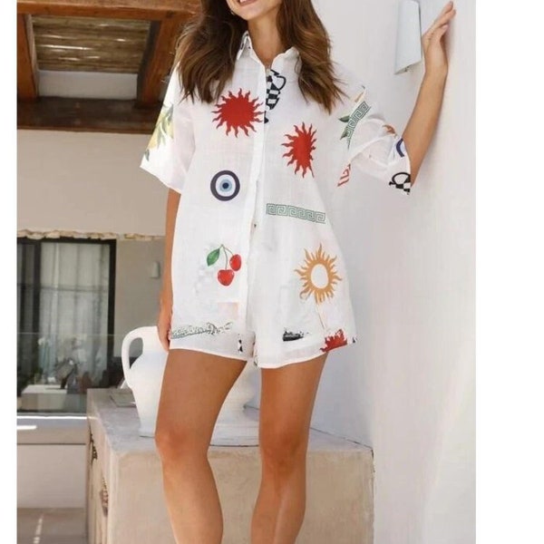 Casual Printed Short Sleeve Shirt Blouse Top Loose Holiday Shorts Suit Women 2 Piece Set Summer Beach Fashion Outfits New 2024