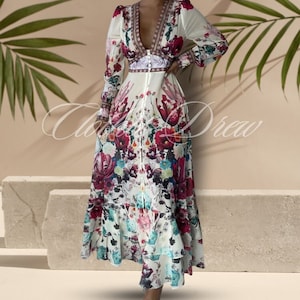 Gorgeous Flower Chiffon Cascading Ruffles Dress Women Deep V Neck Long Sleeve Floral Print Boho Robe Vestido