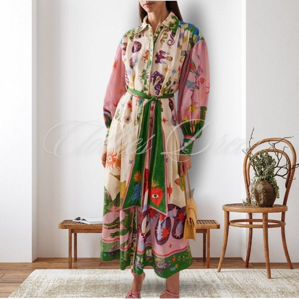 Printed Vintage Long Dress Princess Sleeves Lace-up Big Hem Loose Dress  Casual Fashion Women Elegant