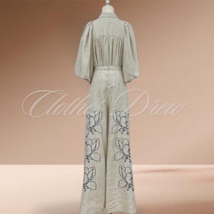 Women Sets Cotton Linen Stand Collar Lantern Sleeve Loose Flower Tops Wide Leg Oversize Pants Party Holiday Clothes,Two Piece Set afbeelding 3