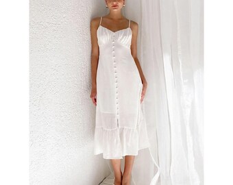 summer cotton white dress women elegant spaghetti strap a-line midi dresses sexy backless ruched slit dress vacation