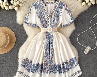 Summer Midi Luxury Boho Dress for Women Floral Long Sleeve Belted Ruched Hem Dresses Cotton Runway Female Festive Traf New In