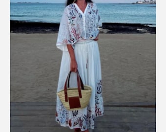 Embroidery Batwing Sleeve Summer Spring Maxi Skirt Set Cotton White Tassle Dress Set Outfits Button Suit