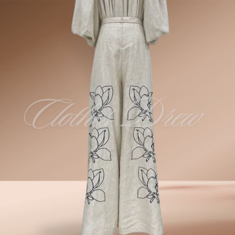 Women Sets Cotton Linen Stand Collar Lantern Sleeve Loose Flower Tops Wide Leg Oversize Pants Party Holiday Clothes,Two Piece Set afbeelding 6