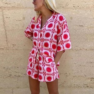 Ladies Spring/Summer Two-piece Set Ladies Fashion Casual Print Short Sleeve Shirt and Wide Leg Shorts Long Shirts Loose Outfits