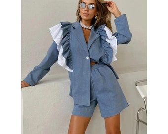 Loose Blue Short Sets For Women 2 Piece Elegant Ruffle Long Sleeve Shirt With High Waist Shorts Set Female
