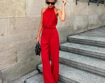 Elegant Solid Women's High Waist Wide Leg Jumpsuit Chic Hanging Neck Sleeveless Slim Set Summer Lady Holiday Fashion Outfit