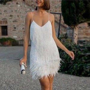 Tassel Sequins Feather Mini Dress Women Spaghetti Strap Stitching Dresses Female Elegant Evening Party Club Dress