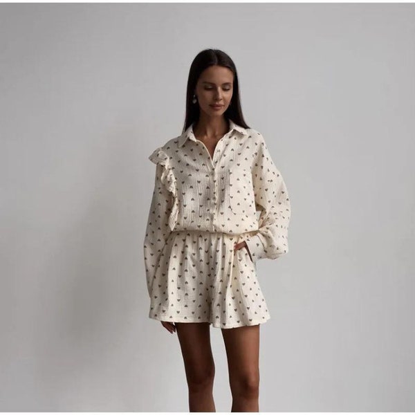 Cotton Linen Print Shorts Suit Women Ruffles Single Breasted Lapel Shirts Loose Top Elastic Waist Short Pant Two Piece Sets