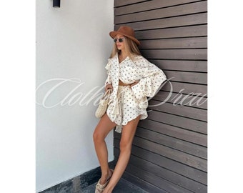 Cotton Linen Print Shorts Suit Women Ruffles Single Breasted Lapel Shirts Loose Top Elastic Waist Short Pant Two Piece Sets