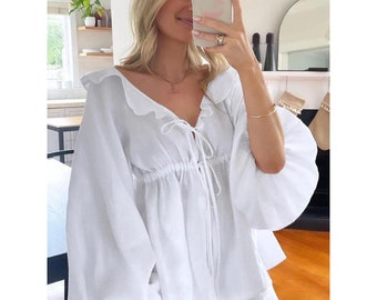 Summer White Shorts Sets Women 2 Pieces Elegant Lantern Sleeve Lace-Up Loose Tops Vacation Cotton Thin Shorts Suits