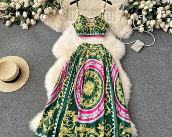 Baroque Boho Two Piece Skirt Set | Women Crop Top and Maxi Skirt Set | Wedding Guest Dress | Dolce Vita Dress | Festive Co-ord Set