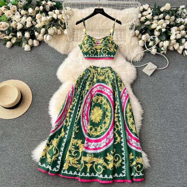 Baroque Boho Two Piece Skirt Set | Women Crop Top and Maxi Skirt Set | Wedding Guest Dress | Dolce Vita Dress | Festive Co-ord Set