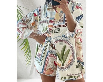 Ladies Spring/Summer Two-piece Set Ladies Fashion Casual Print Short Sleeve Shirt and Wide Leg Shorts Long Shirts Loose Outfits