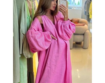 Loose Pink Linen Dress Sets For Women 2 Pieces Elegant Long Sleeve Robes With V-Neck Sleeveless Long Dresses Set,Two Piece Set,Gift for her