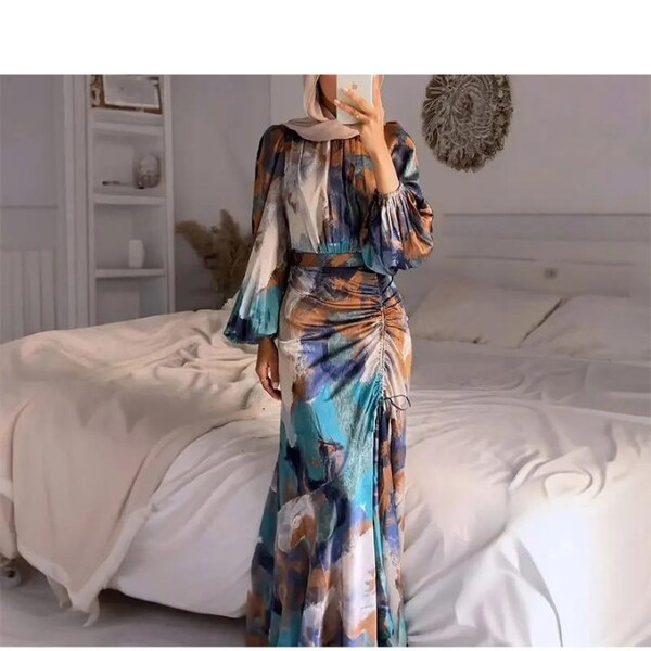 Fashion Tie Dye Print Drawstring Tie Maxi Dress Women Elegant Round Neck Lantern Sleeves Long Robes Evening Party Vestidos