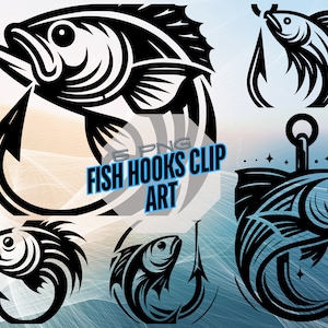 May include: Five black and white vector illustrations of fish on hooks. The fish are stylized and detailed, with sharp fins and scales. The hooks are simple and curved. The illustrations are perfect for use in a variety of projects, such as t-shirts, posters, and websites.