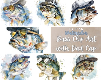Watercolor Bass Clip Art: Fishing PNG Bundle (Digital Download)