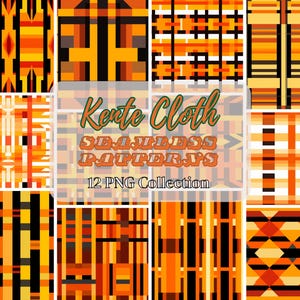 Könnte beinhalten: Eine Sammlung von 12 nahtlosen PNG-Mustern im Kente-Stoff-Design. Die Muster zeigen geometrische Formen in Orange-, Gelb-, Schwarz- und Weißtönen. Der Text "Kente Cloth SEAMLESS PATTERNS 12 PNG Collection" ist in der Mitte zu sehen.