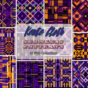 May include: A collection of 12 PNG seamless patterns in a variety of geometric designs. The patterns feature a color palette of purple, orange, yellow, and black. The text "Kente Cloth Seamless Patterns" is displayed.