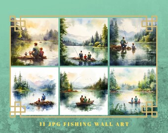 Fishing Wall Art Printables, Scenic Watercolor Fishing Decor, Instant Download Fishing Artwork, Digital Fishing Poster Set, Father's Day