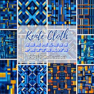 May include: A collection of 12 digital seamless patterns in blue, yellow, and orange colours. The patterns are inspired by Kente cloth, a traditional African fabric. The text "Kente Cloth Seamless Patterns 12 PNG Collection" is displayed in the centre of the image.