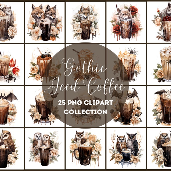 Chill Vibes and Dark Aesthetics - 25 PNG Collection: Discover the Fusion of Iced Coffee, Gothic Animals, and Flowers