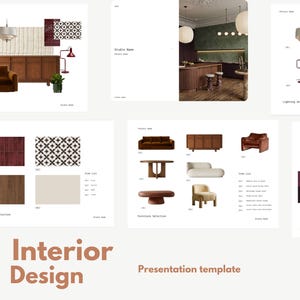 Puede incluir: Una plantilla de presentación para diseño de interiores, con mood boards con muebles, iluminación y paletas de colores. El texto "Interior Design" y "Presentation template" se muestra en un color marrón cálido.