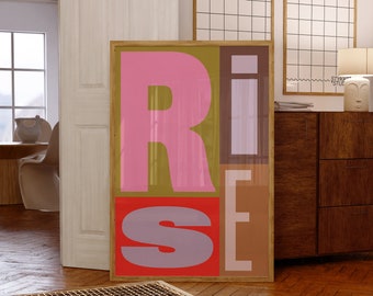 Impressão artística tipográfica 'Rise', pôster retrô em blocos de cores.