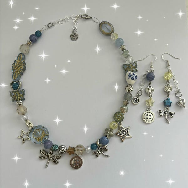 Sieradenset koraalthema - handgemaakte statement sieraden, uniek, grillig, cluttercore, juminocore ketting oorbellen maximalisme