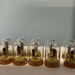 May include: Miniature glass bell jars, each containing a small insect specimen on a cork base. The insects are mounted on a metal rod. A yellow measuring tape is in the background, showing inches.