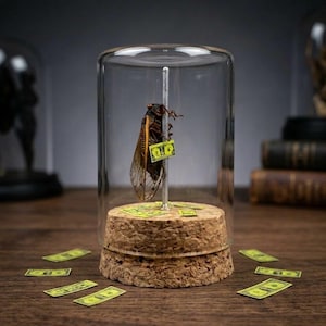 May include: A preserved cicada insect is displayed inside a glass cloche. The insect is attached to a silver rod, with a small paper bill attached. The cloche sits on a cork base, surrounded by miniature paper bills on a wooden surface.