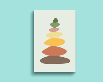 May include: A stack of six colorful stones in a pyramid shape. The stones are green, pink, yellow, orange, red, and brown.