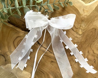 5 antenna bows, wedding car bows with hearts, white, organza, satin, car decoration set, wedding decoration, boho, romantic, vintage